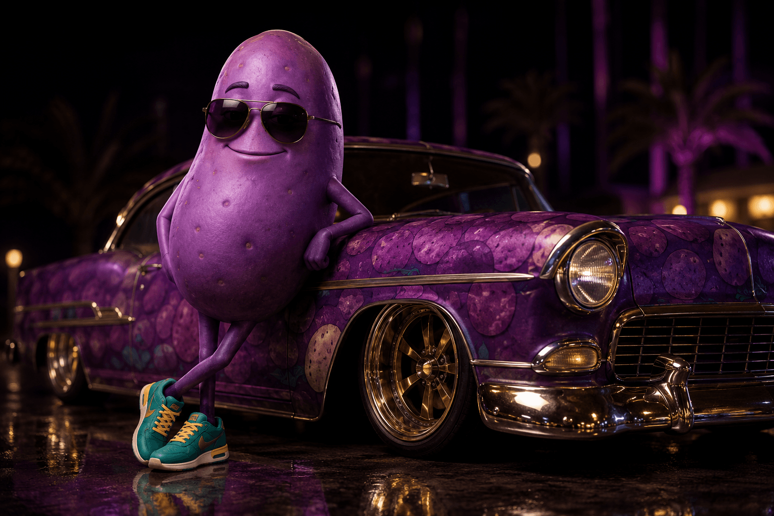 The NITECAP Potato — leaning on a purple lowrider in sunglasses and sneakers