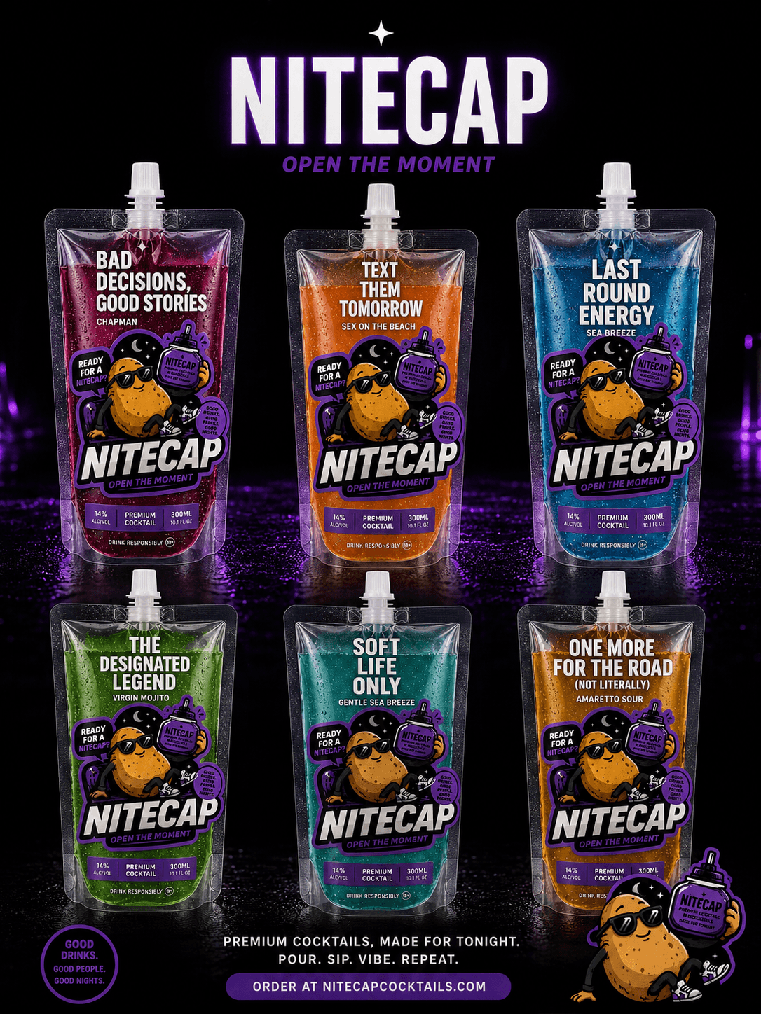 NITECAP full product lineup — six premixed cocktail pouches